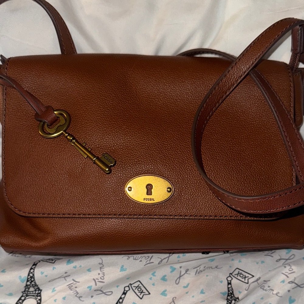 Fossil Tan Leather Crossbody Bag with Gold Key Charm Never used